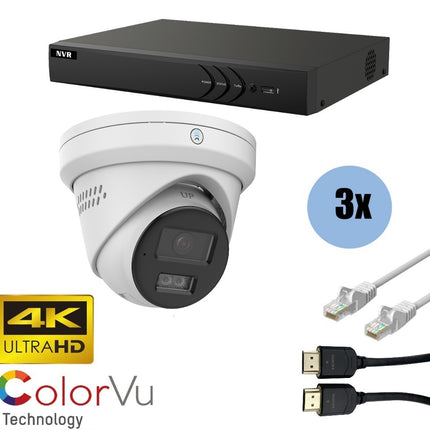 ASE Kit, 3x Turret, 8Mp 4K Ultra HD, ColorVu, met NVR en bekabeling