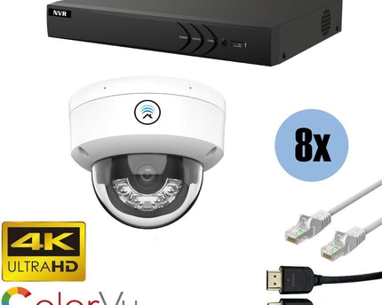 ASE Kit, 8x Dome, 8Mp 4K Ultra HD ColorVu Binnen camera, met NVR en bekabeling