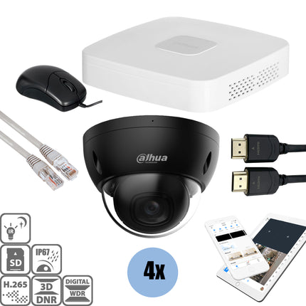 Dahua Black kit 4x Dome 4MP + Recorder & Bekabeling